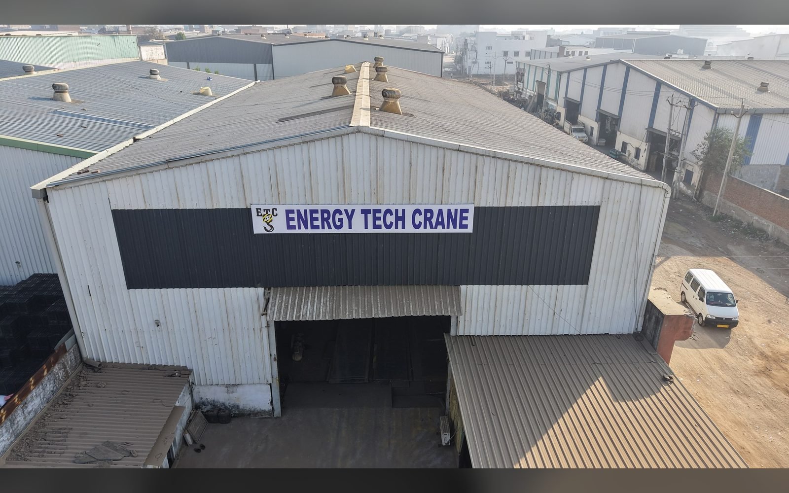 Aerial view of the Energy Tech Crane factory, Ahmedabad